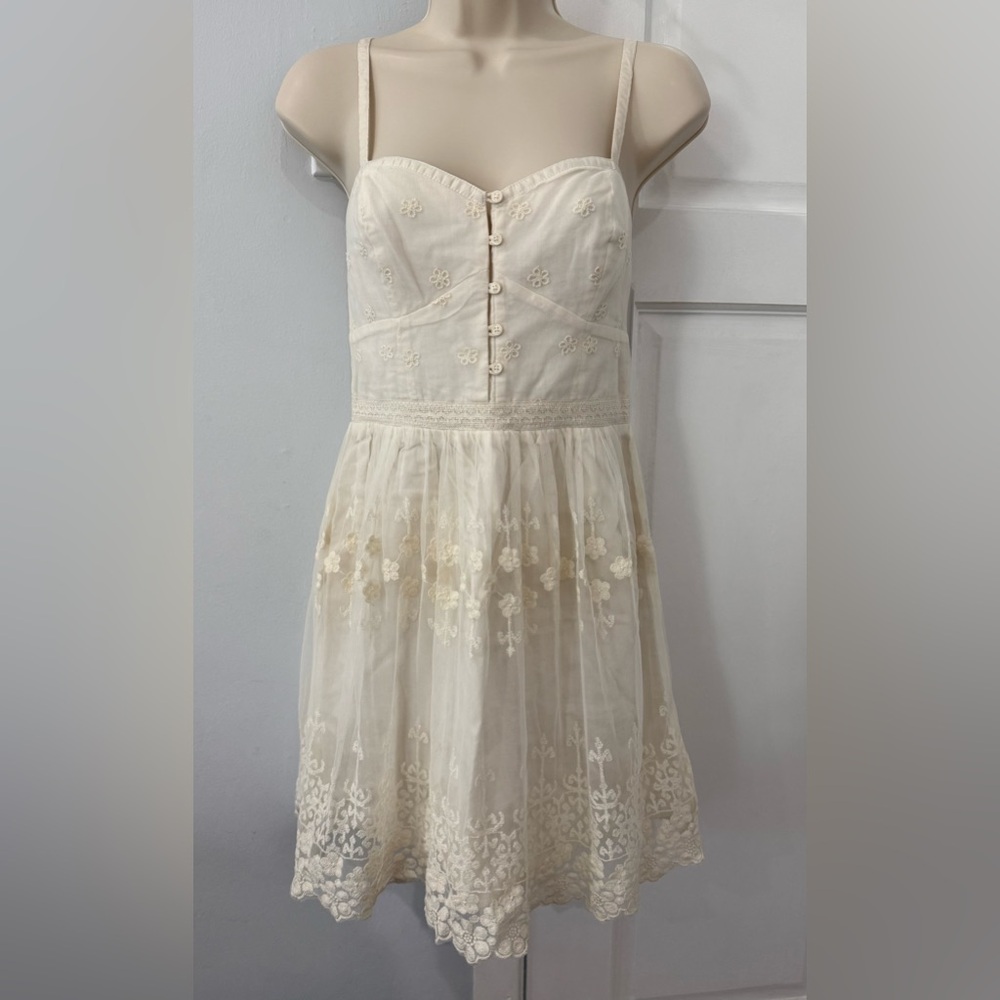 American Eagle Outfitters Cream Embroidered Tulle Dress